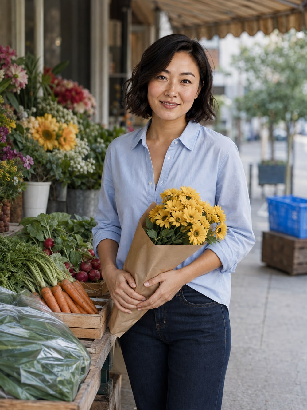 Dateframe character holding yellow flowers at a neighbourhood stall